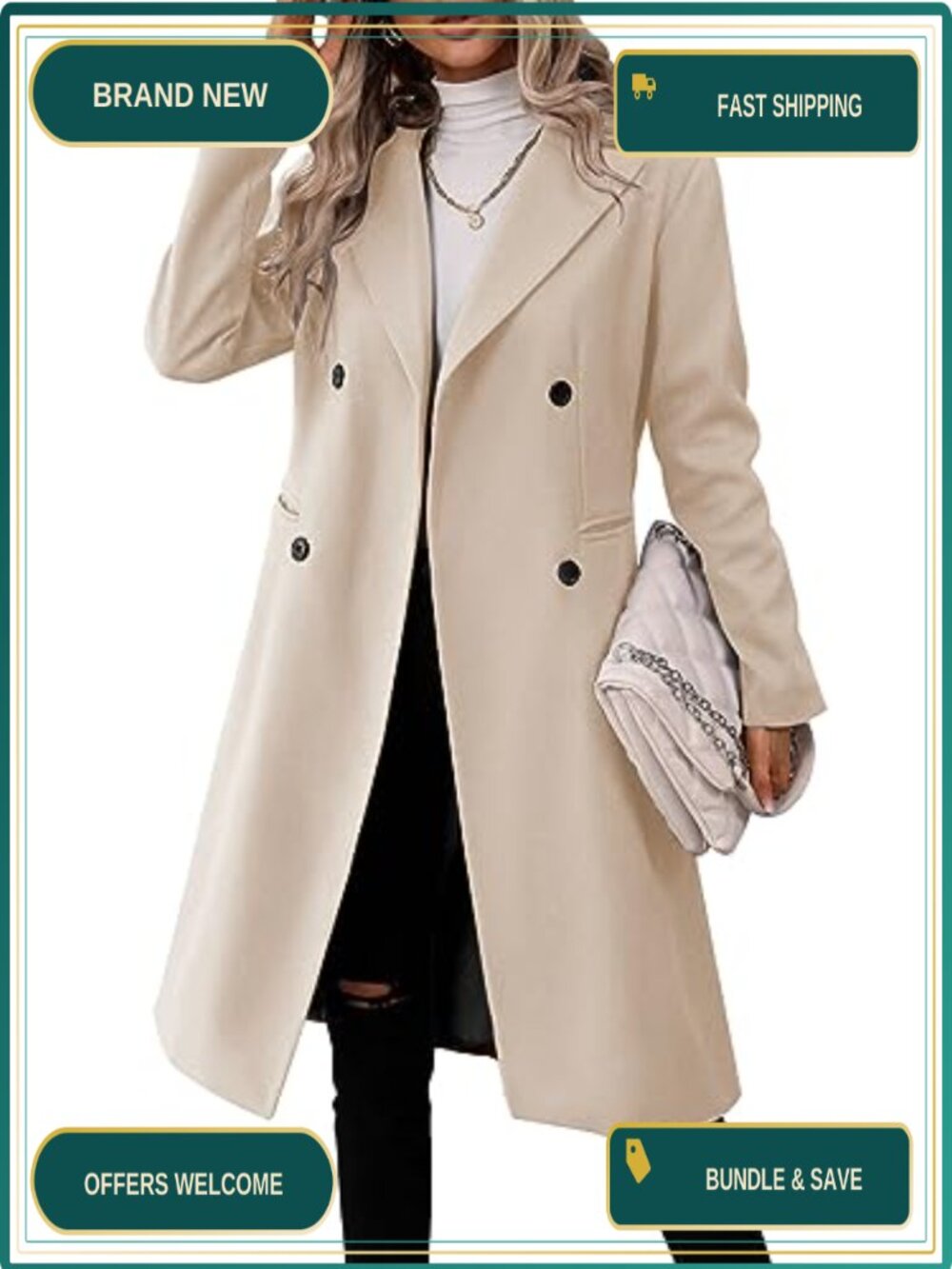 Women's Long Double Breasted Pea Coat Slim Fit Winter Jacket